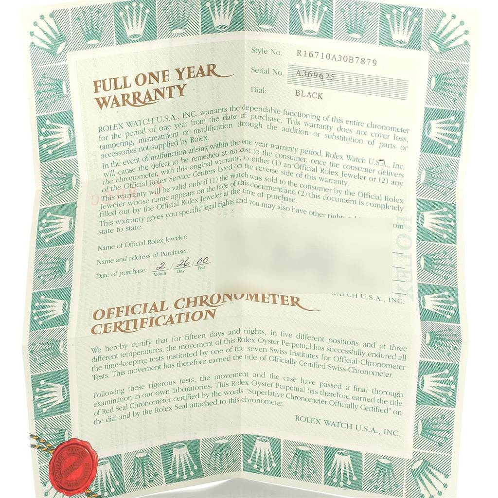 This image shows the warranty and chronometer certification documents for a Rolex GMT-Master 16710 Men's Stainless Steel Black Dial 16710 Men's Stainless Steel Black Dial watch.