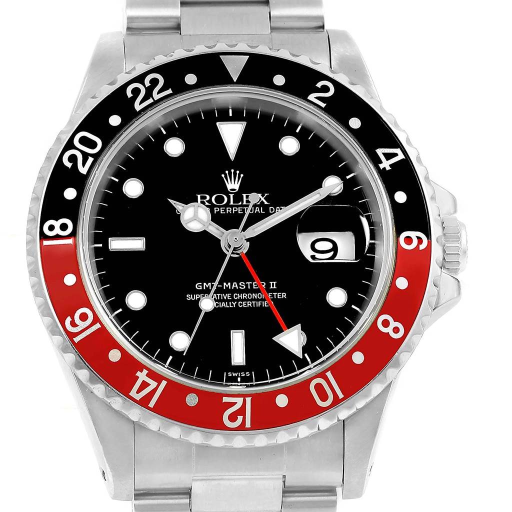 The image shows a frontal view of the Rolex GMT-Master 16710 Men's Stainless Steel Black Dial 16710 Men's Stainless Steel Black Dial II watch, highlighting its bezel, dial, and bracelet.