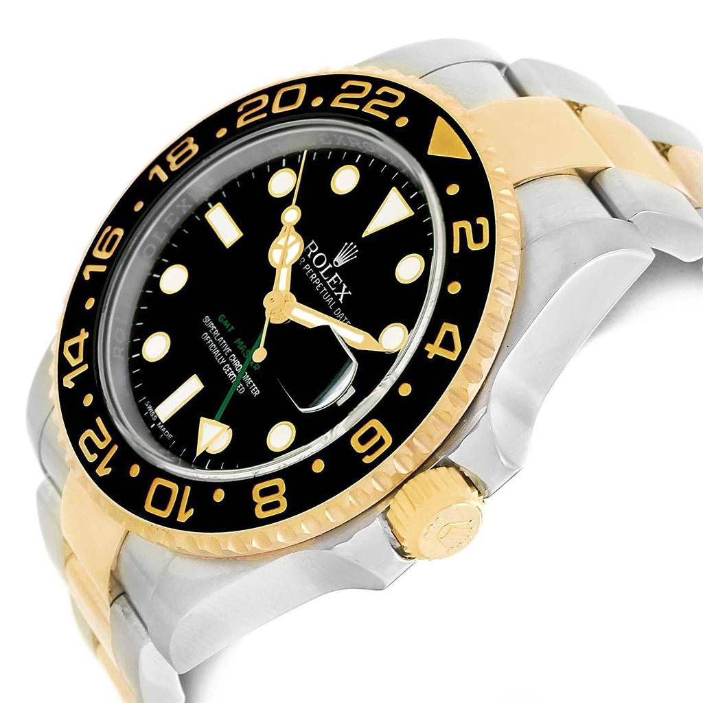 The Rolex GMT-Master 116713 Men's Stainless Steel Black Dial 116713 Men's Stainless Steel Black Dial watch is shown at a three-quarter angle, displaying the face, bezel, crown, and bracelet.