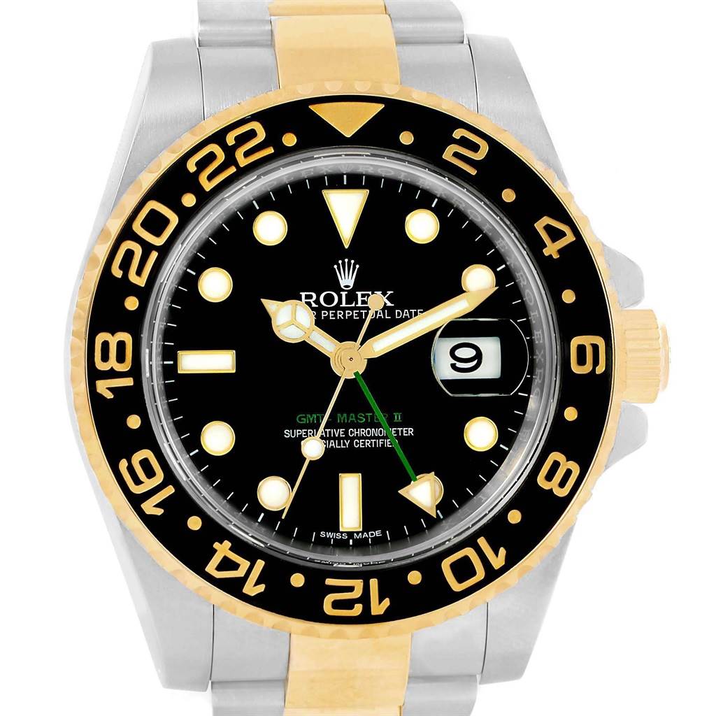 This image shows a front view of the Rolex GMT-Master 116713 Men's Stainless Steel Black Dial 116713 Men's Stainless Steel Black Dial II watch, highlighting the bezel, dial, date window, and part of the bracelet.