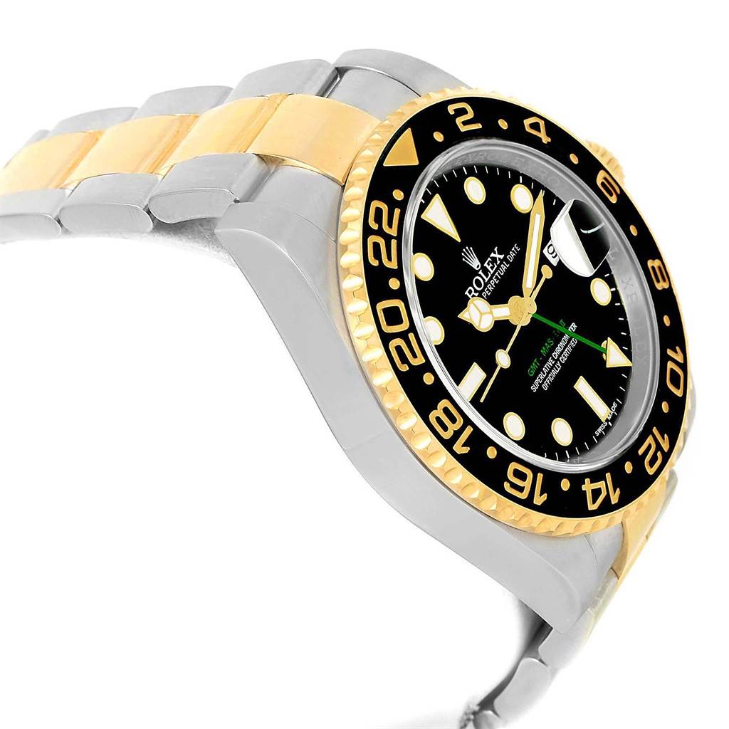 This image shows a side view of the Rolex GMT-Master 116713 Men's Stainless Steel Black Dial 116713 Men's Stainless Steel Black Dial watch, highlighting the bracelet, case, bezel, and part of the dial.