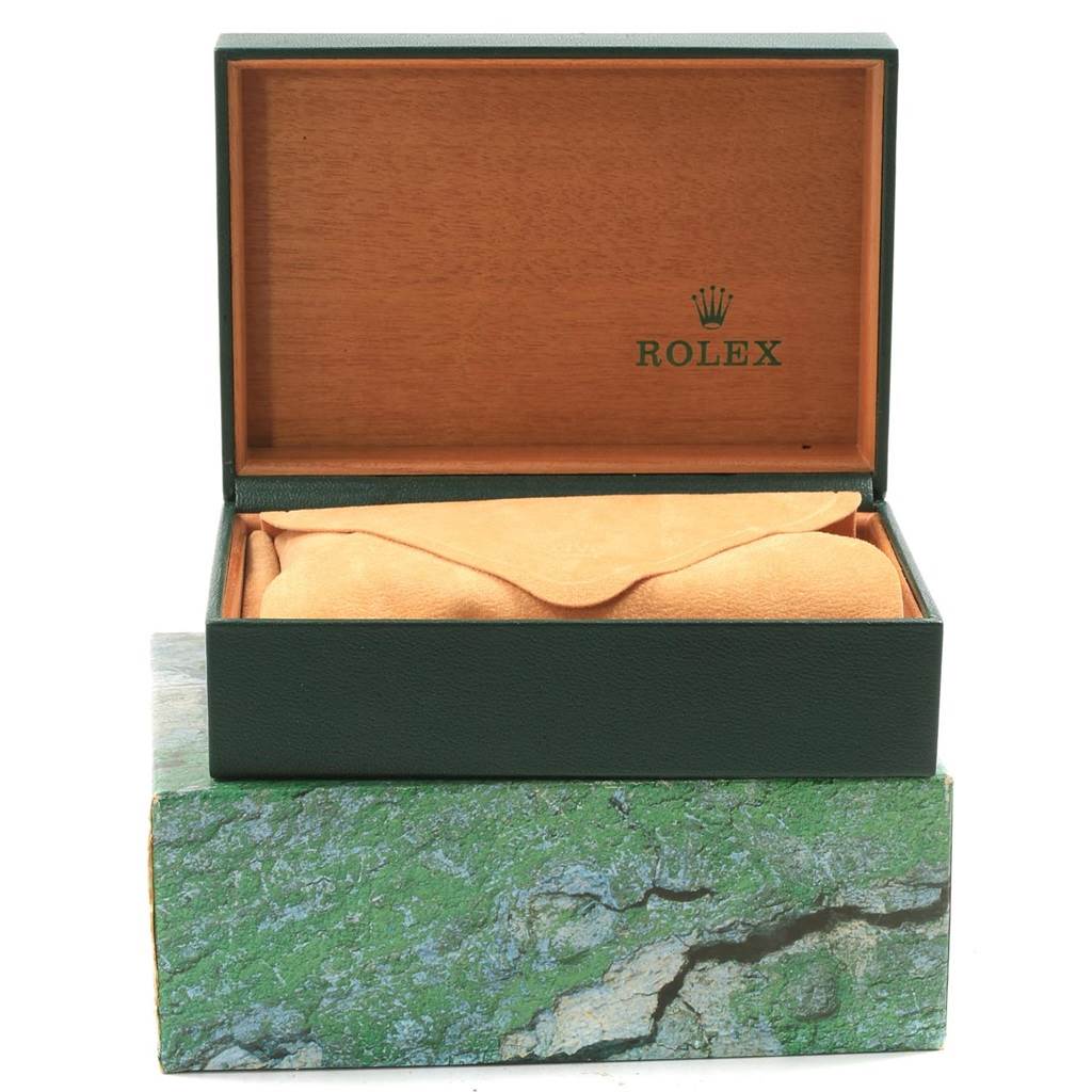 The image shows a Rolex GMT-Master 16710 Men's Stainless Steel Black Dial 16710 Men's Stainless Steel Black Dial model's watch box, open to reveal a soft, tan pouch inside.