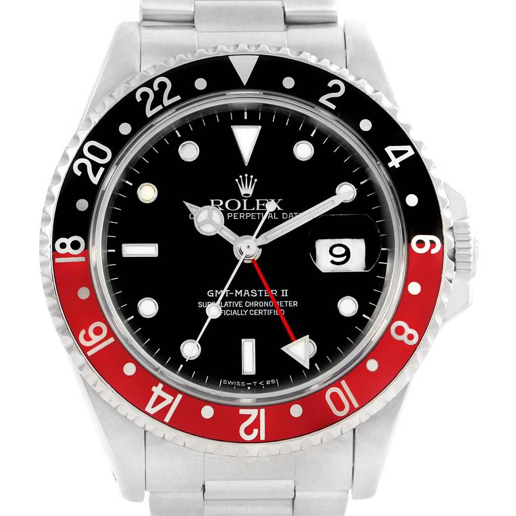 The image shows a front view of a Rolex GMT-Master 16710 Men's Stainless Steel Black Dial 16710 Men's Stainless Steel Black Dial II watch, highlighting the dial, hands, date window, and bezel.