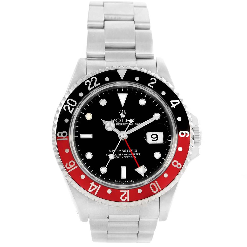 The image shows a front view of a Rolex GMT-Master 16710 Men's Stainless Steel Black Dial 16710 Men's Stainless Steel Black Dial II watch, displaying the bezel, dial, hands, and bracelet.