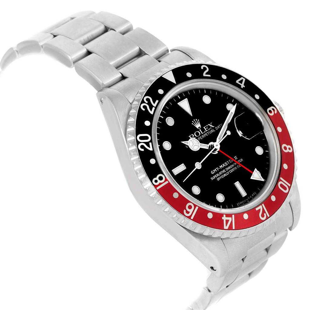 The Rolex GMT-Master 16710 Men's Stainless Steel Black Dial 16710 Men's Stainless Steel Black Dial watch is shown from a three-quarter angle, displaying the dial, bezel, and part of the stainless steel bracelet.