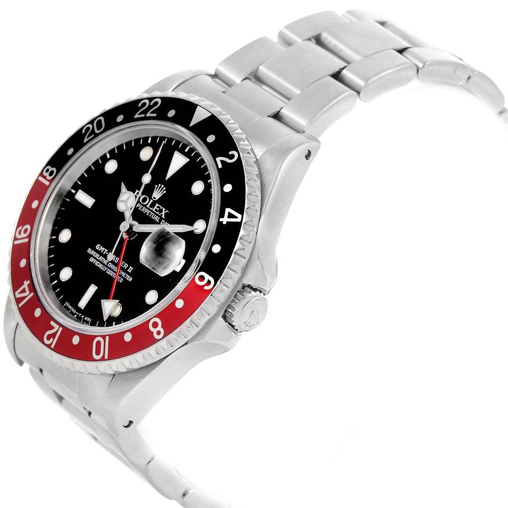 The Rolex GMT-Master 16710 Men's Stainless Steel Black Dial 16710 Men's Stainless Steel Black Dial watch is shown at a side angle, highlighting the bezel, dial, case, and bracelet.