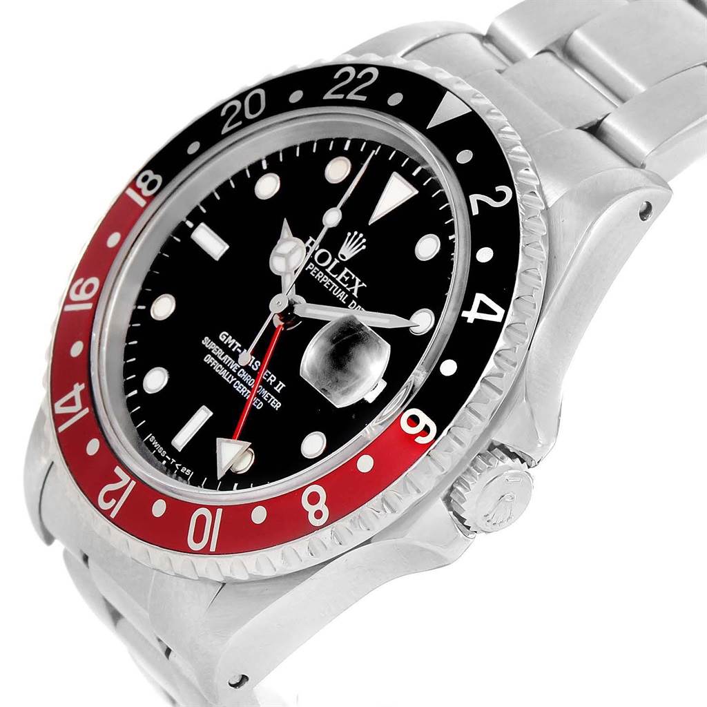 This image shows a close-up angle of a Rolex GMT-Master 16710 Men's Stainless Steel Black Dial 16710 Men's Stainless Steel Black Dial watch, focusing on the bezel, dial, and crown.