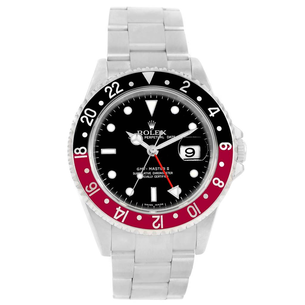 This image shows a Rolex GMT-Master 16710 Men's Stainless Steel Black Dial 16710 Men's Stainless Steel Black Dial watch from a front-facing angle, displaying its dial, bezel, and bracelet.