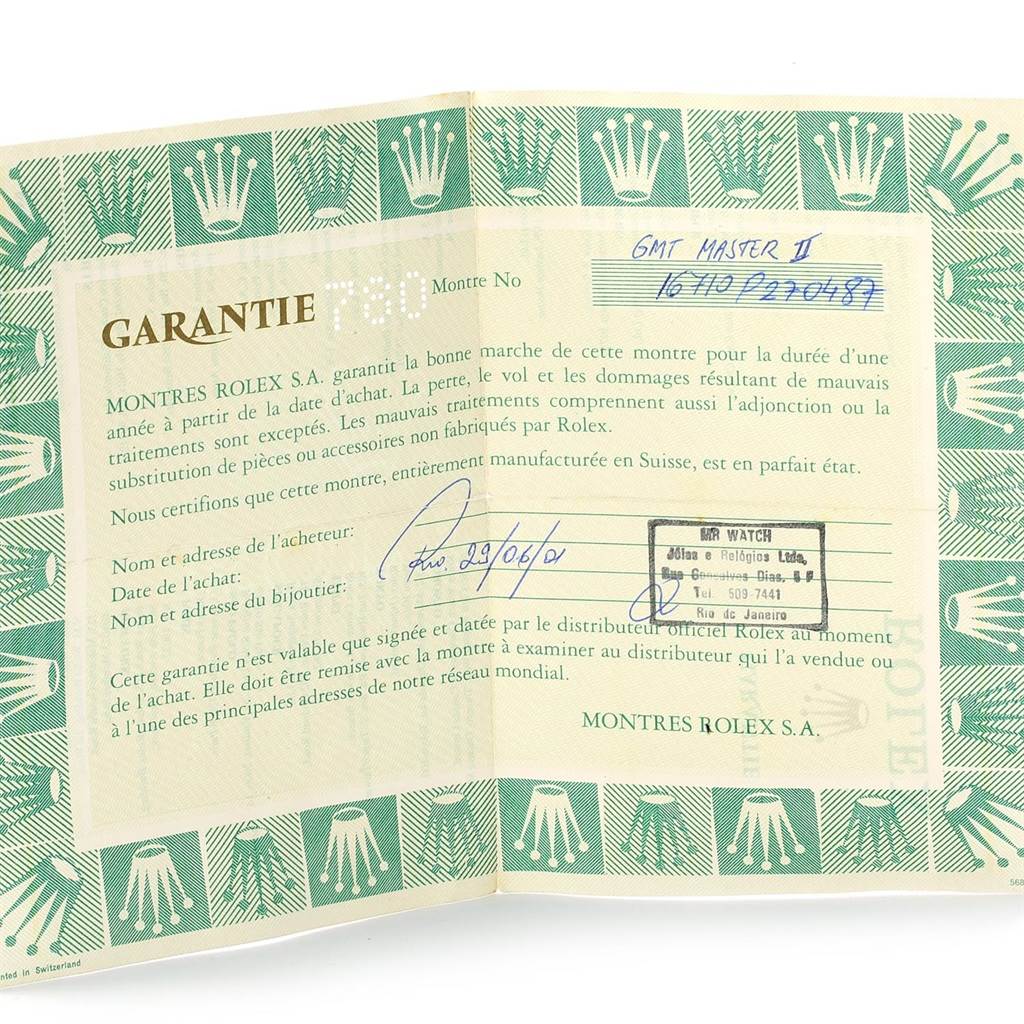 The image shows the warranty certificate for a Rolex GMT-Master 16710 Men's Stainless Steel Black Dial 16710 Men's Stainless Steel Black Dial II watch.