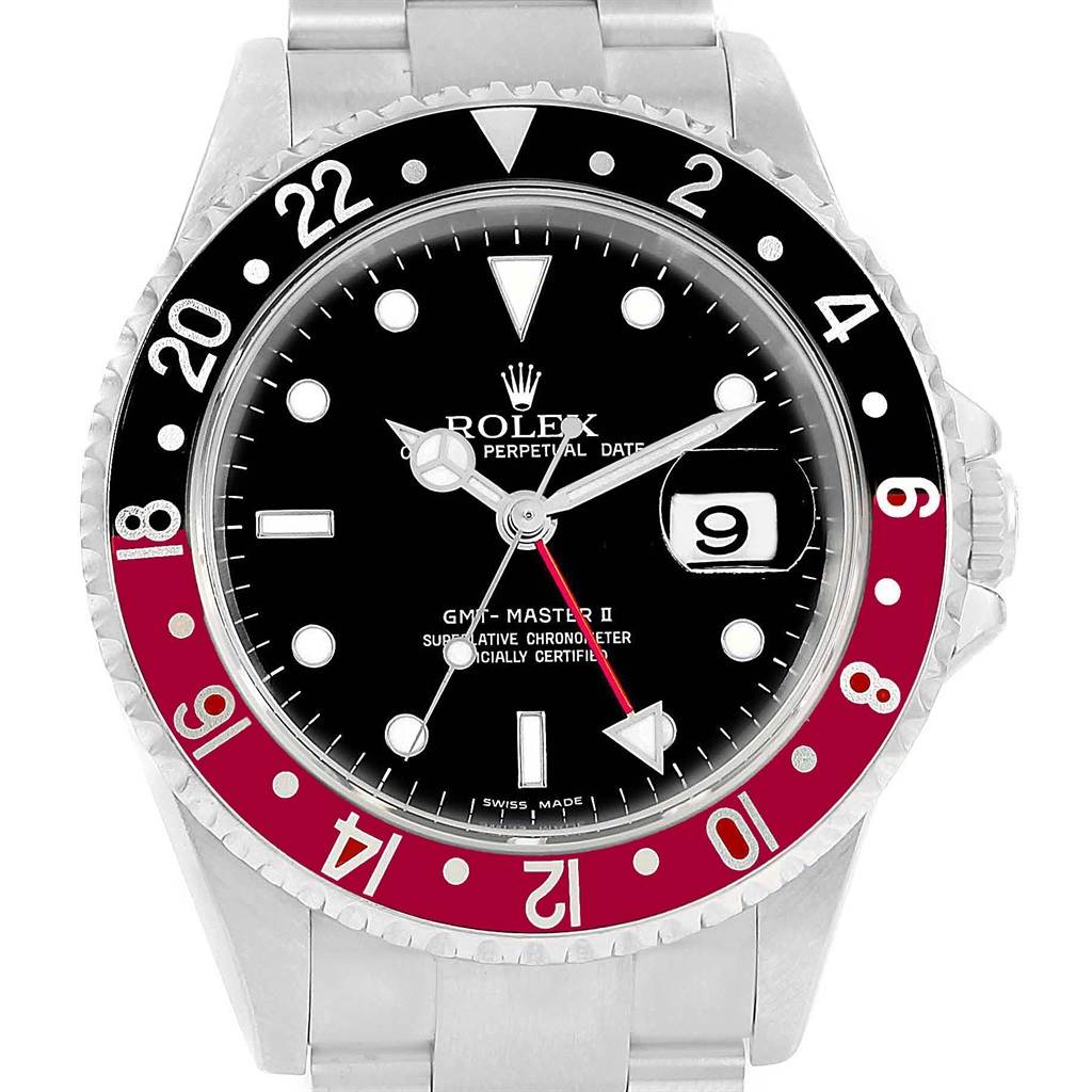 This image shows a frontal view of the Rolex GMT-Master 16710 Men's Stainless Steel Black Dial 16710 Men's Stainless Steel Black Dial II watch, highlighting the bezel, dial, and bracelet.