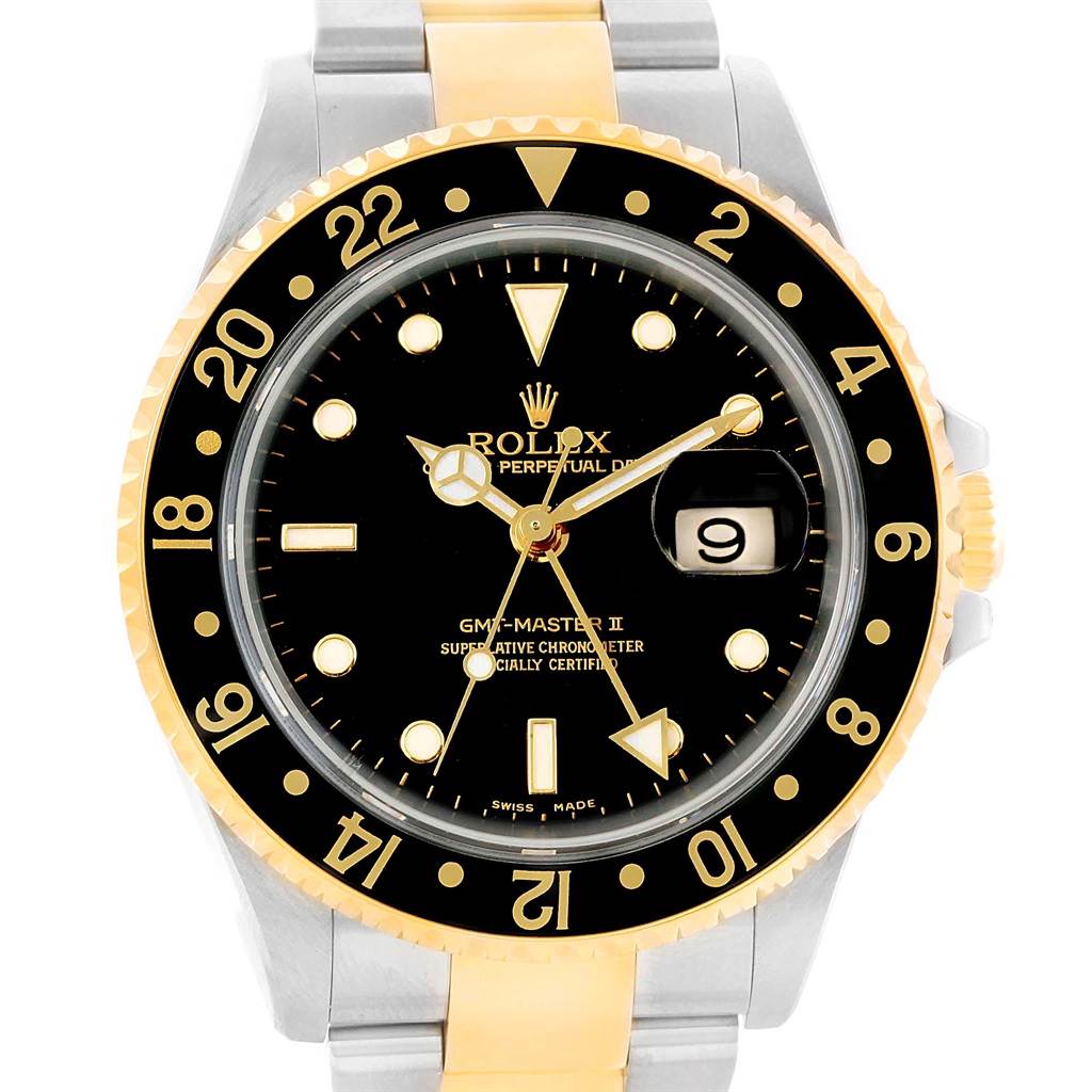 This image shows a front view of a Rolex GMT-Master 16713 Men
s Stainless Steel Black Dial 16713 Men
s Stainless Steel Black Dial II watch, featuring its dial, bezel, and bracelet.