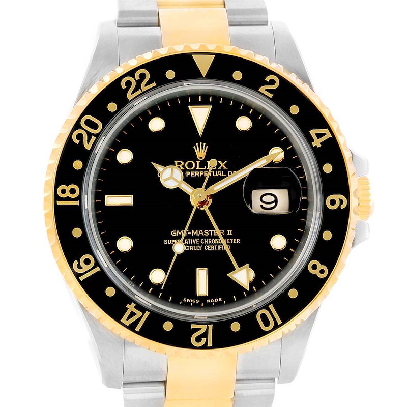 Rolex GMT Master II Yellow Gold Steel Black Dial Mens Watch 16713 SwissWatchExpo