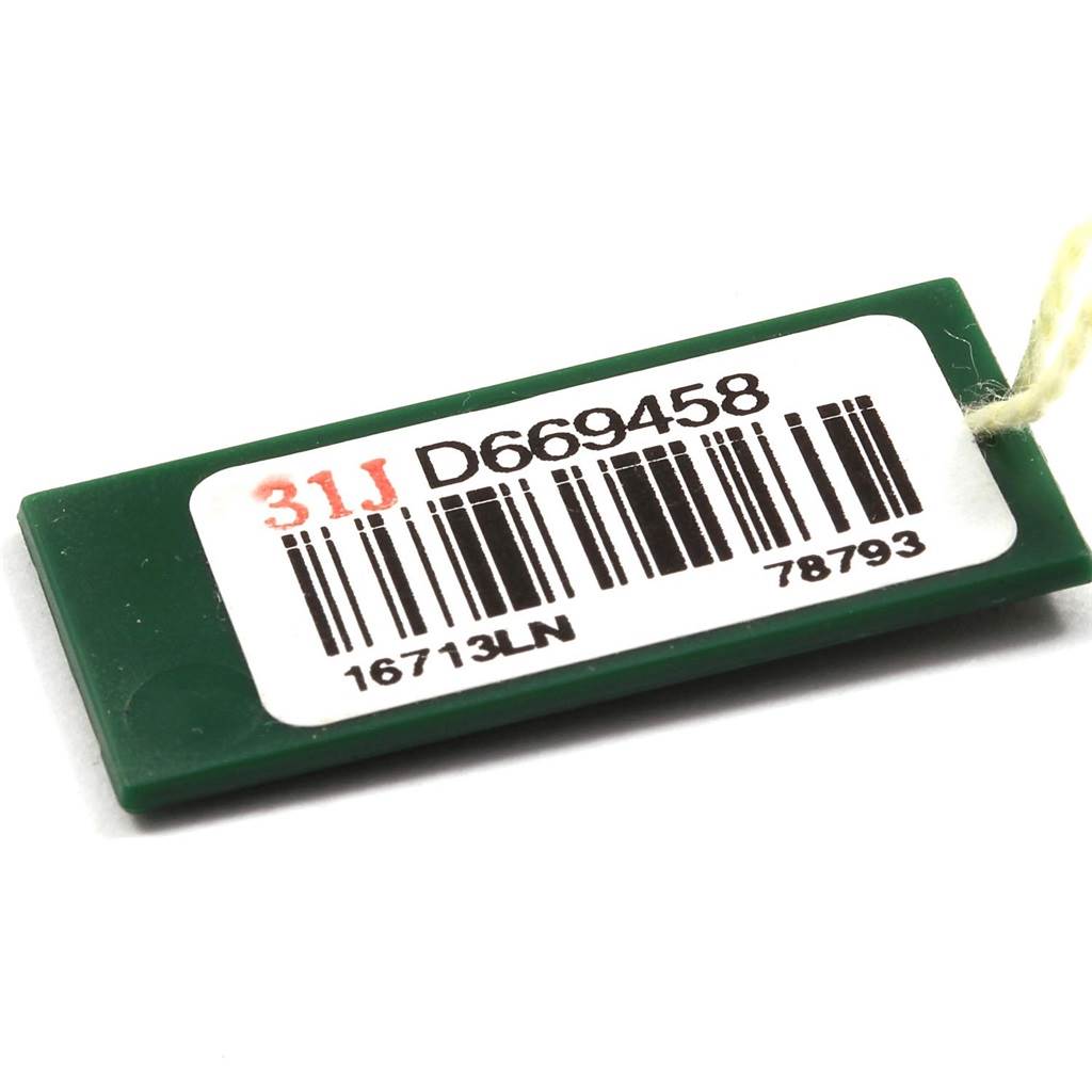 The image shows a green plastic tag with a barcode, serial number, and model details for a Rolex GMT-Master 16713 Men
s Stainless Steel Black Dial 16713 Men
s Stainless Steel Black Dial watch.