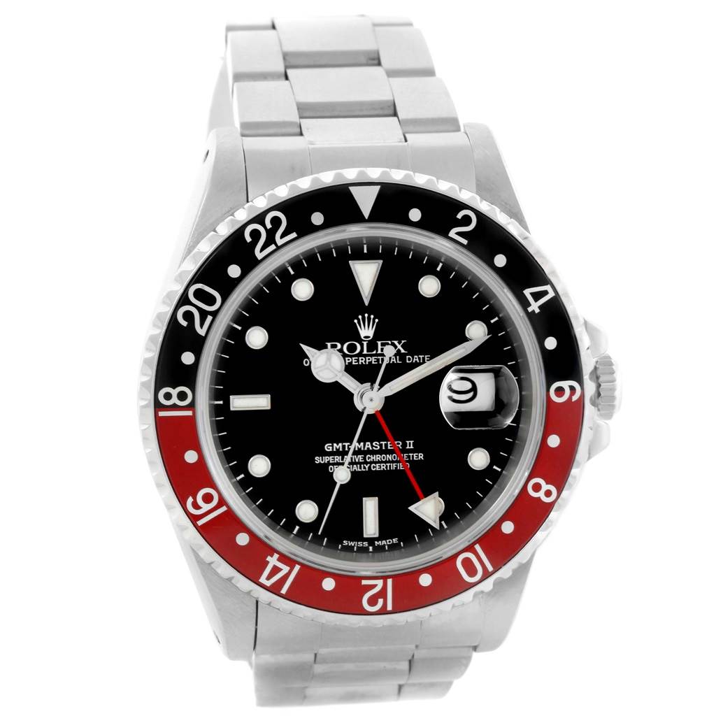 The image shows a front view of a Rolex GMT-Master 16710 Men's Stainless Steel Black Dial 16710 Men's Stainless Steel Black Dial II watch featuring a black and red bezel and stainless steel bracelet.