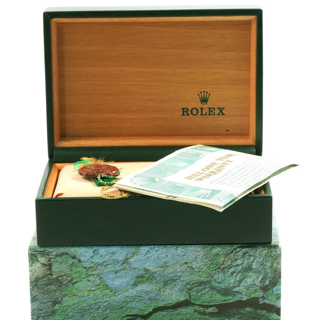 The image shows an open box of a Rolex GMT-Master 16710 Men's Stainless Steel Black Dial 16710 Men's Stainless Steel Black Dial watch with a warranty booklet and tags visible.