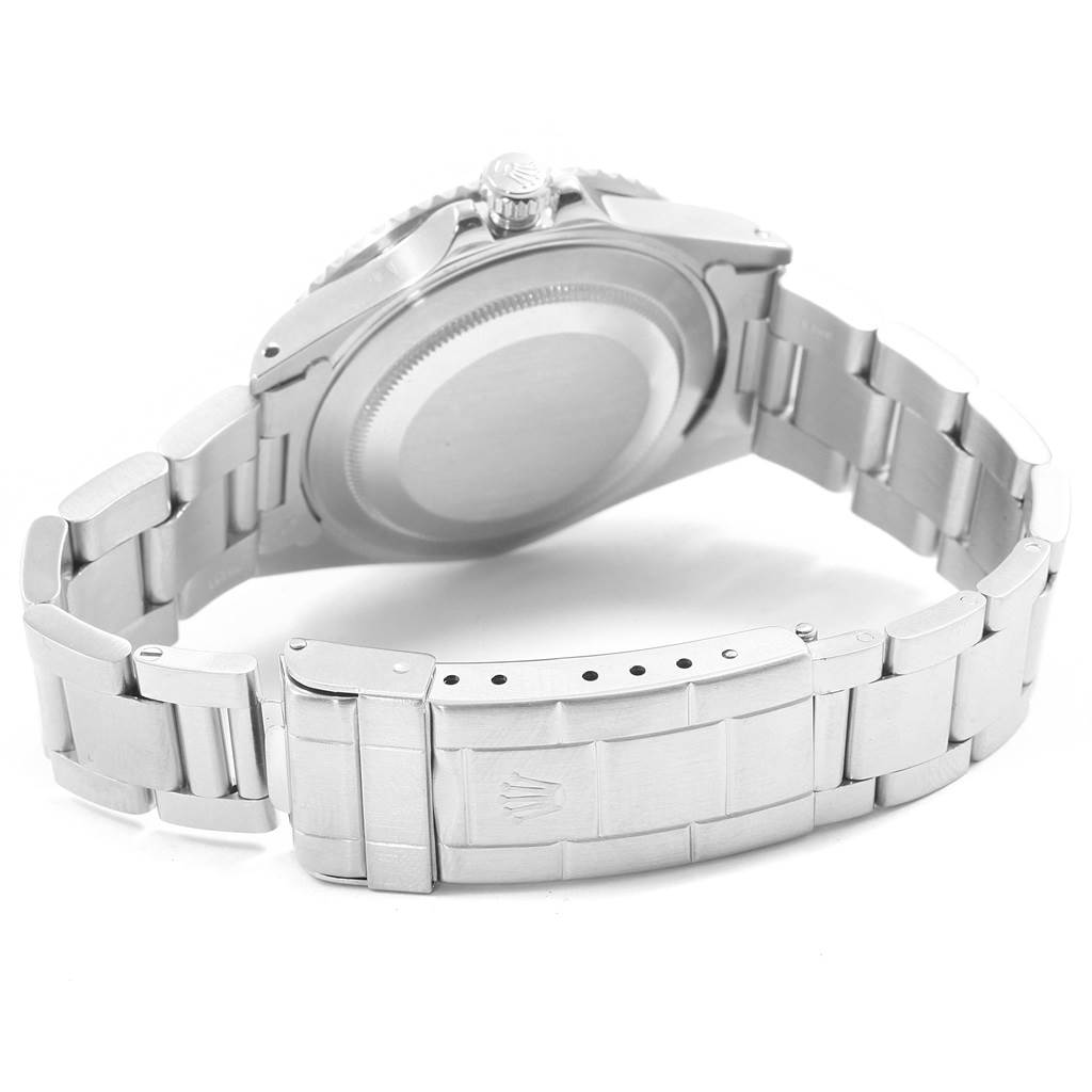 This image shows the back and bracelet of a Rolex GMT-Master 16710 Men's Stainless Steel Black Dial 16710 Men's Stainless Steel Black Dial watch from an angled rear view.