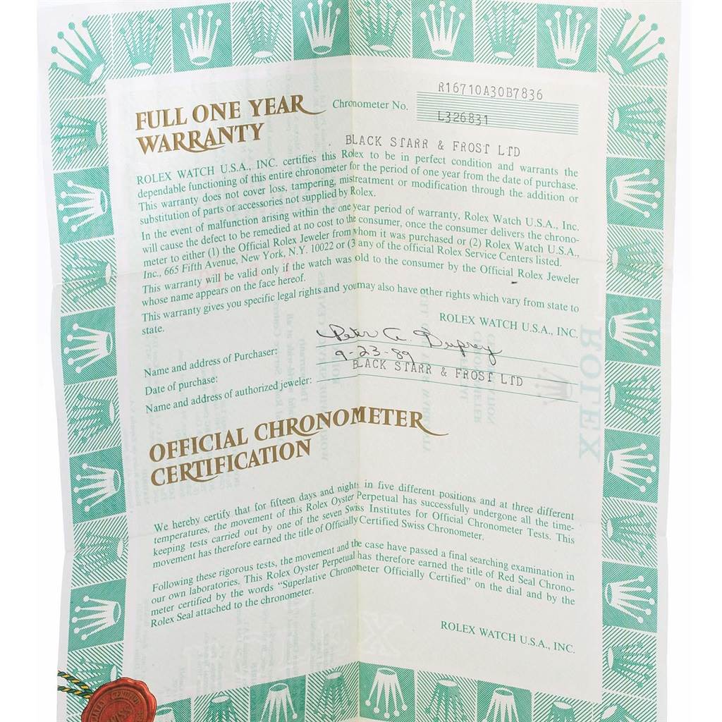 The image shows a warranty and chronometer certification document for a Rolex GMT-Master 16710 Men's Stainless Steel Black Dial 16710 Men's Stainless Steel Black Dial watch.