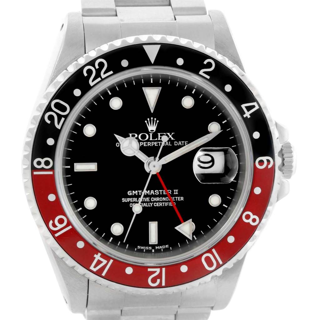 The image shows a frontal view of a Rolex GMT-Master 16710 Men's Stainless Steel Black Dial 16710 Men's Stainless Steel Black Dial II watch, highlighting the bezel, dial, and bracelet.