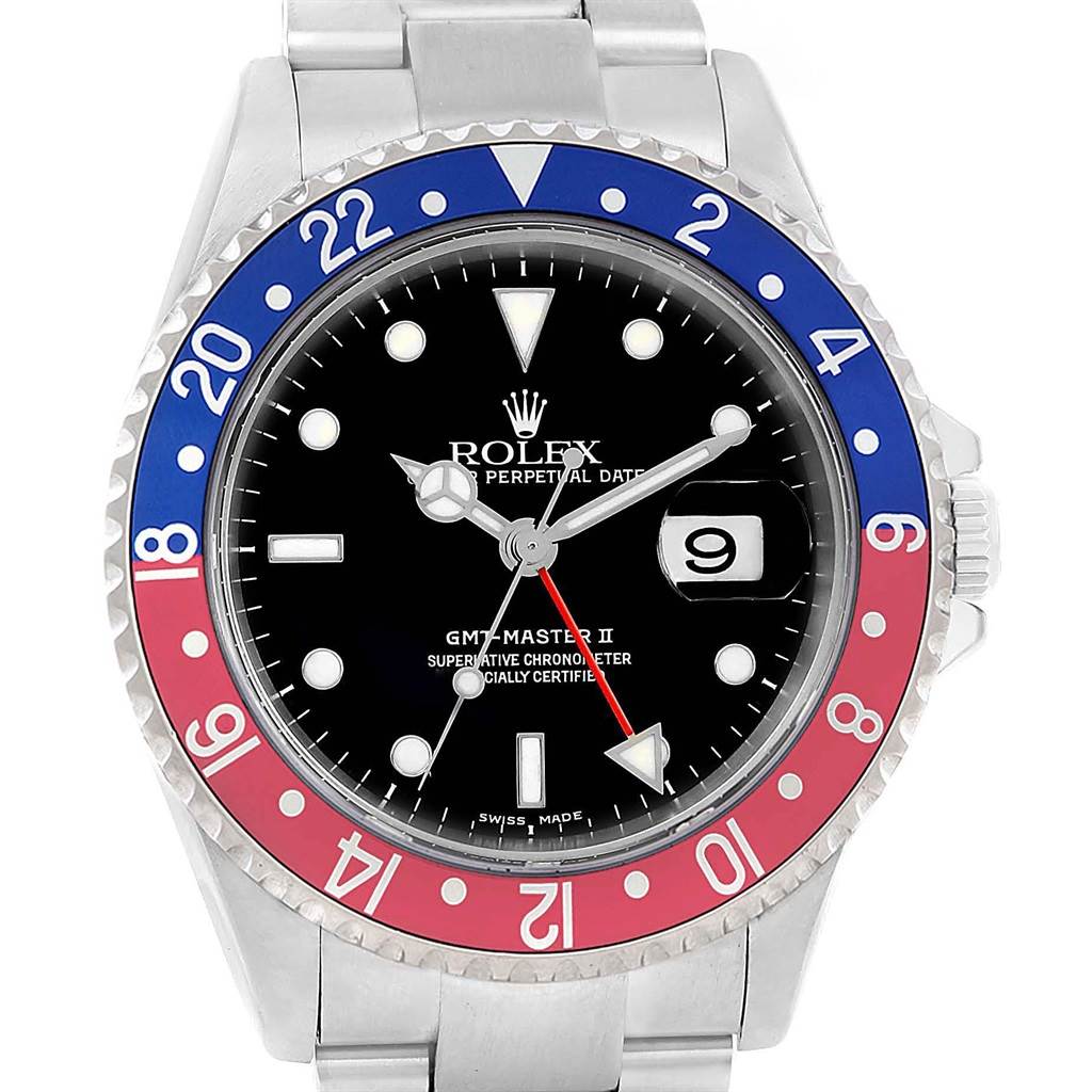 The Rolex GMT-Master 16710 Men's Stainless Steel Black Dial 16710 Men's Stainless Steel Black Dial II watch is shown from a front angle, featuring a blue and red bezel, black dial, and date display.