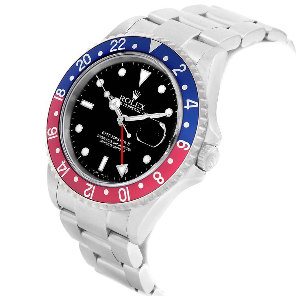 The image shows a front angled view of the Rolex GMT-Master 16710 Men's Stainless Steel Black Dial 16710 Men's Stainless Steel Black Dial II watch, highlighting the bezel, dial, and bracelet.