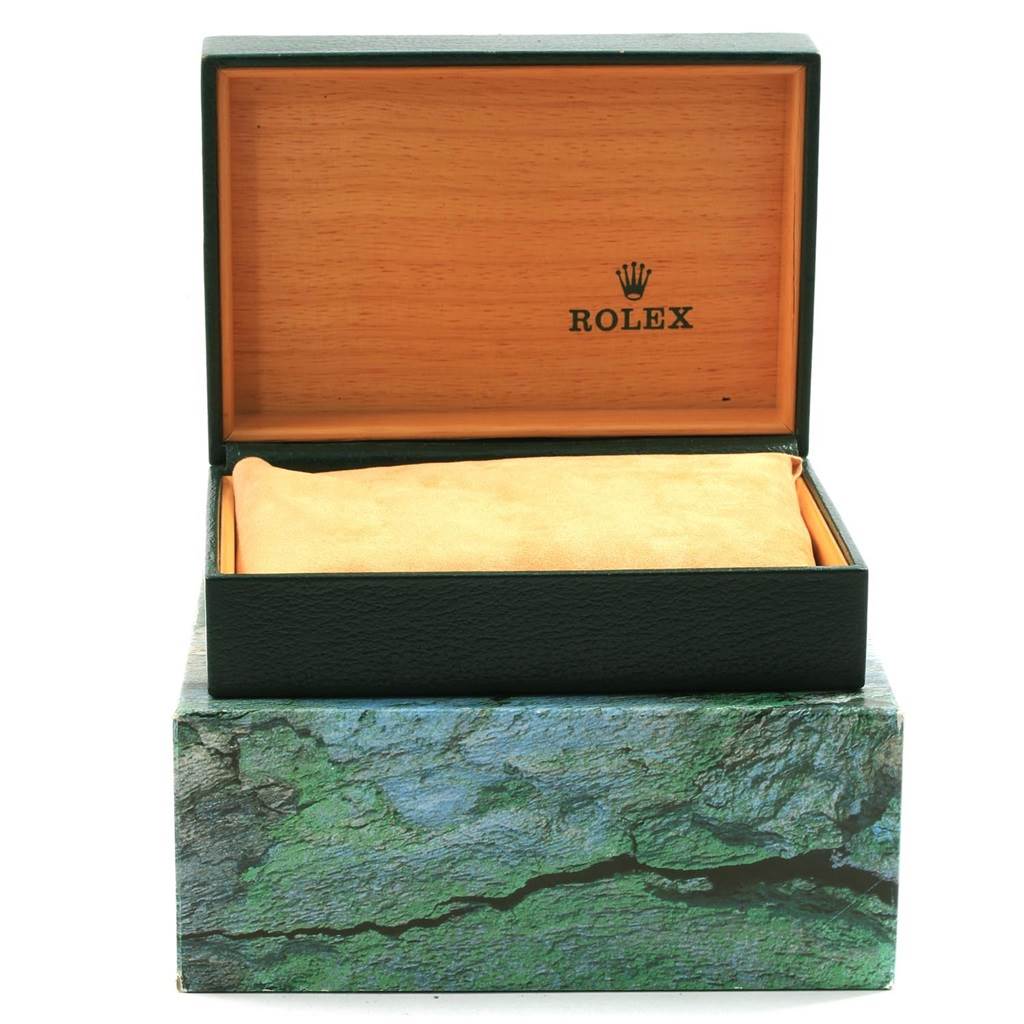 The image shows a Rolex GMT-Master 16710 Men's Stainless Steel Black Dial 16710 Men's Stainless Steel Black Dial watch box with a cushion inside, viewed from the front.