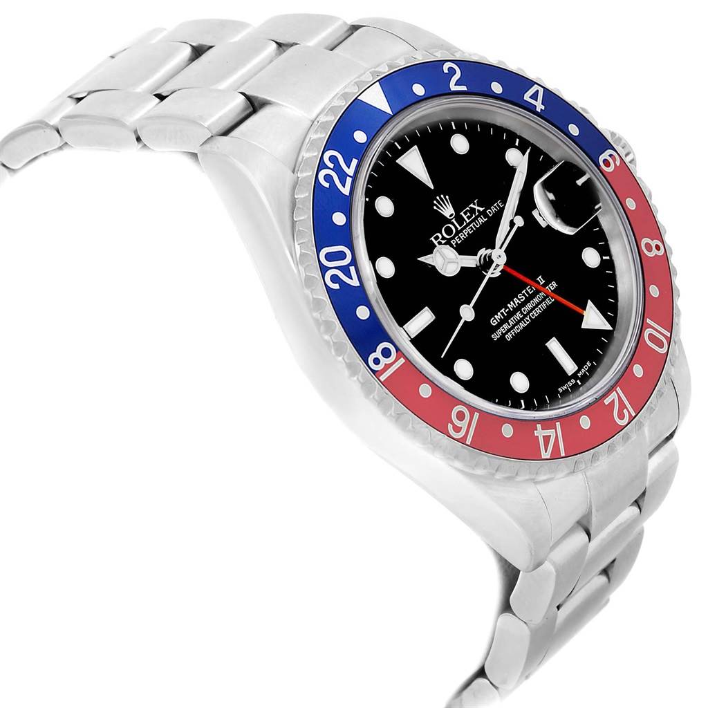 The image shows a side angle of a Rolex GMT-Master 16710 Men's Stainless Steel Black Dial 16710 Men's Stainless Steel Black Dial watch, highlighting its bracelet, face, and red-and-blue bezel.
