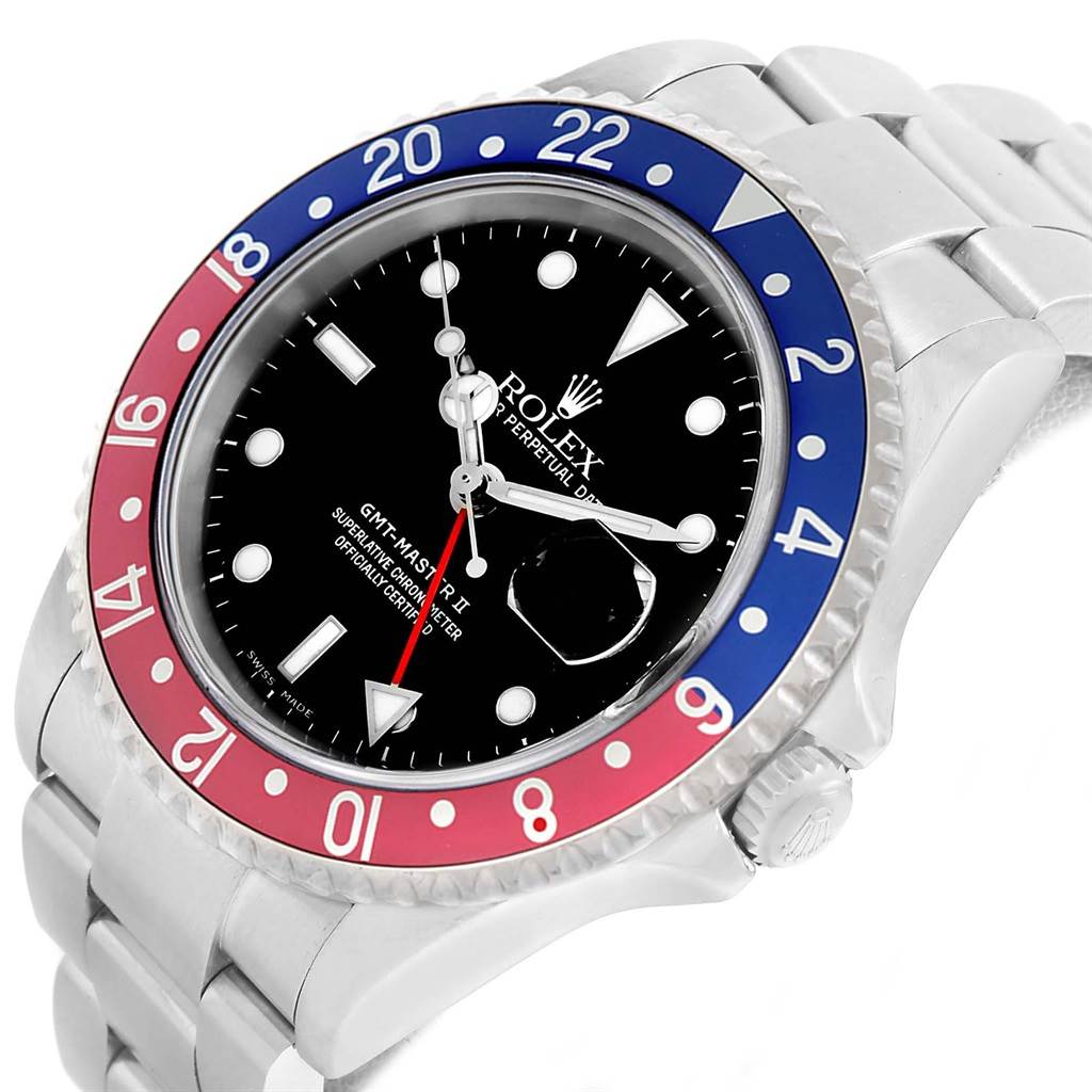 This image shows a front angled view of a Rolex GMT-Master 16710 Men's Stainless Steel Black Dial 16710 Men's Stainless Steel Black Dial II watch, highlighting the dial, bezel, and part of the bracelet.