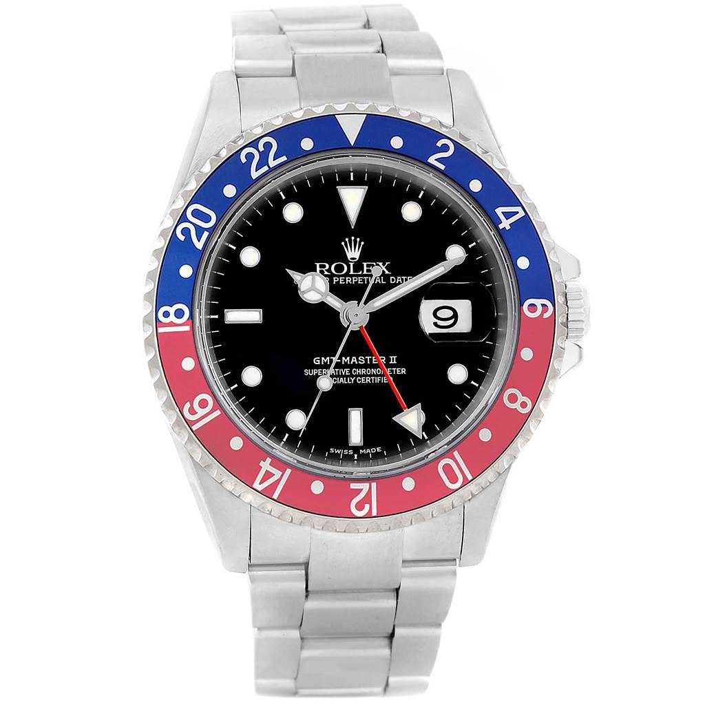 This is a front view of a Rolex GMT-Master 16710 Men's Stainless Steel Black Dial 16710 Men's Stainless Steel Black Dial II watch displaying the dial, bezel, case, crown, and bracelet.