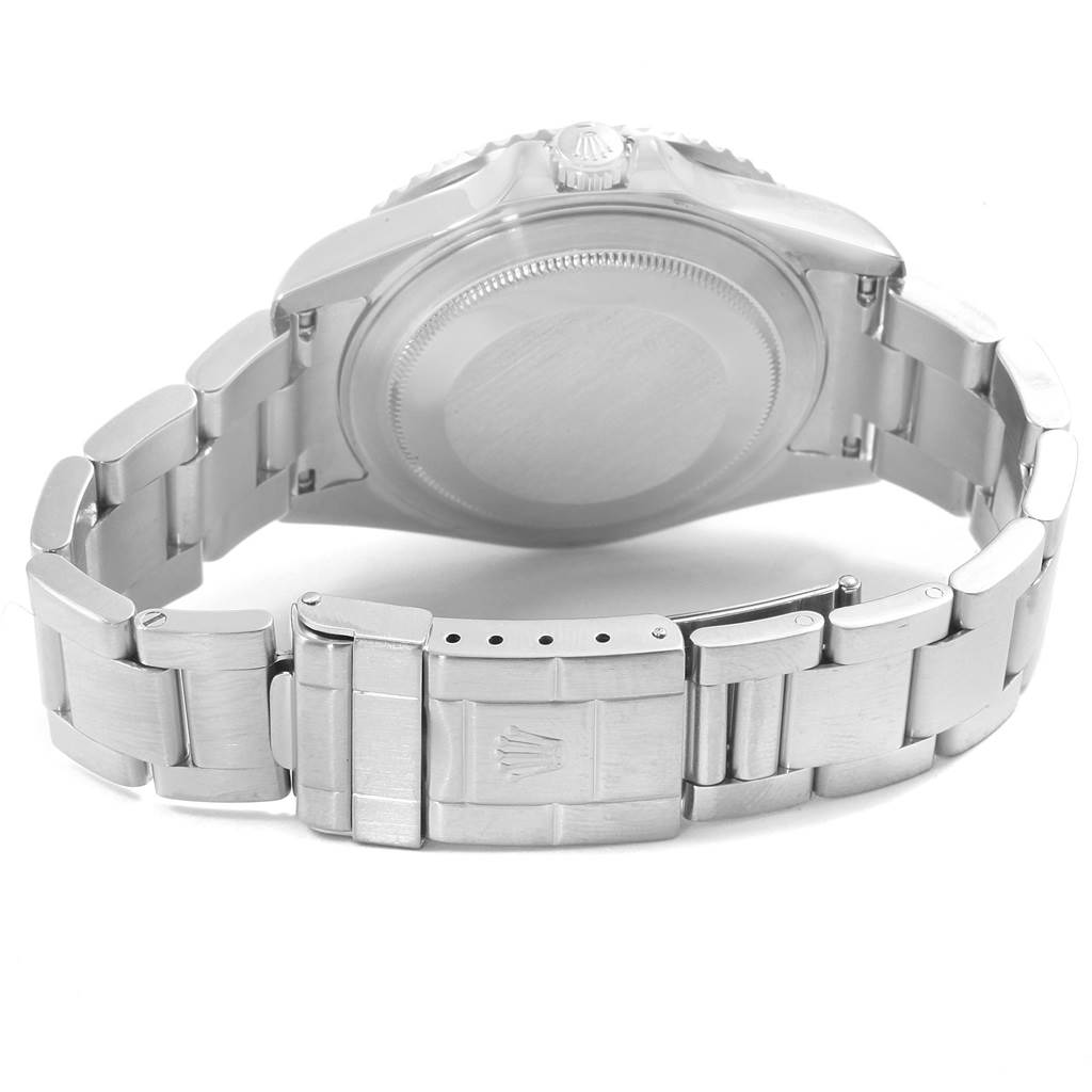 The image shows the back view of a Rolex GMT-Master 16710 Men's Stainless Steel Black Dial 16710 Men's Stainless Steel Black Dial watch, highlighting the case back and stainless steel bracelet.