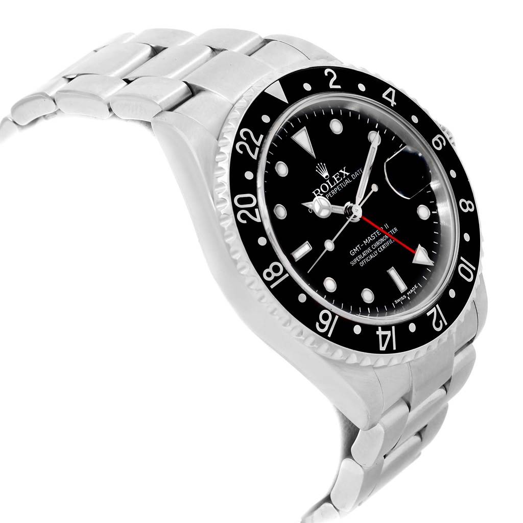 The image shows a side angle view of a Rolex GMT-Master 16710 Men's Stainless Steel Black Dial 16710 Men's Stainless Steel Black Dial watch, highlighting the bezel, dial, and bracelet.