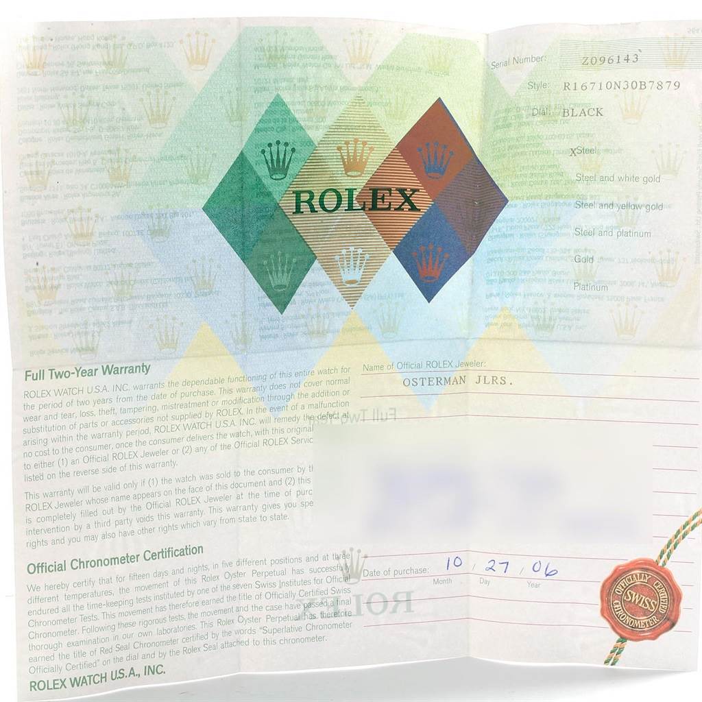 The image shows a warranty and certification card for a Rolex GMT-Master 16710 Men's Stainless Steel Black Dial 16710 Men's Stainless Steel Black Dial watch.