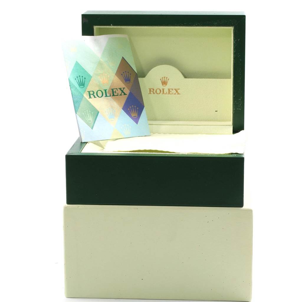 The image shows an open Rolex GMT-Master 16710 Men's Stainless Steel Black Dial 16710 Men's Stainless Steel Black Dial watch box with accompanying papers.