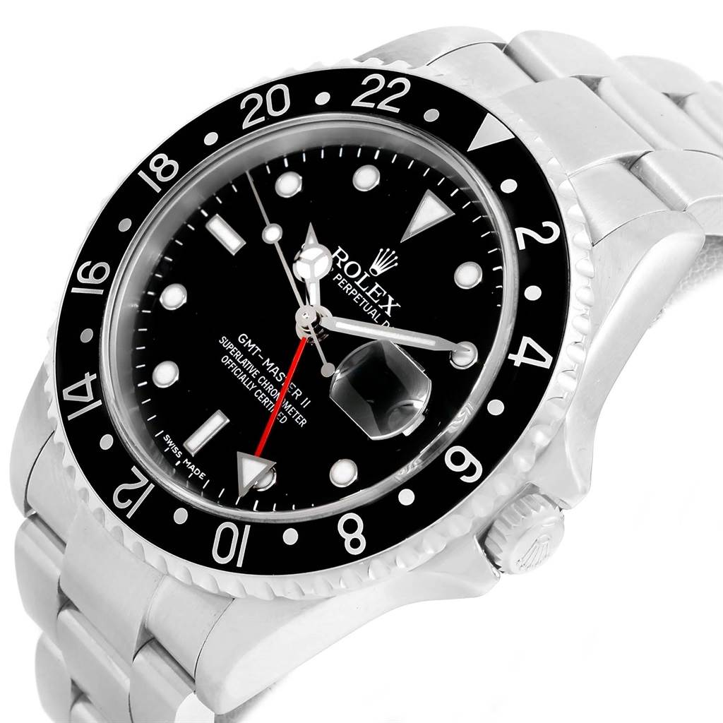 The image shows a close-up of the face and bracelet of a Rolex GMT-Master 16710 Men's Stainless Steel Black Dial 16710 Men's Stainless Steel Black Dial II watch.