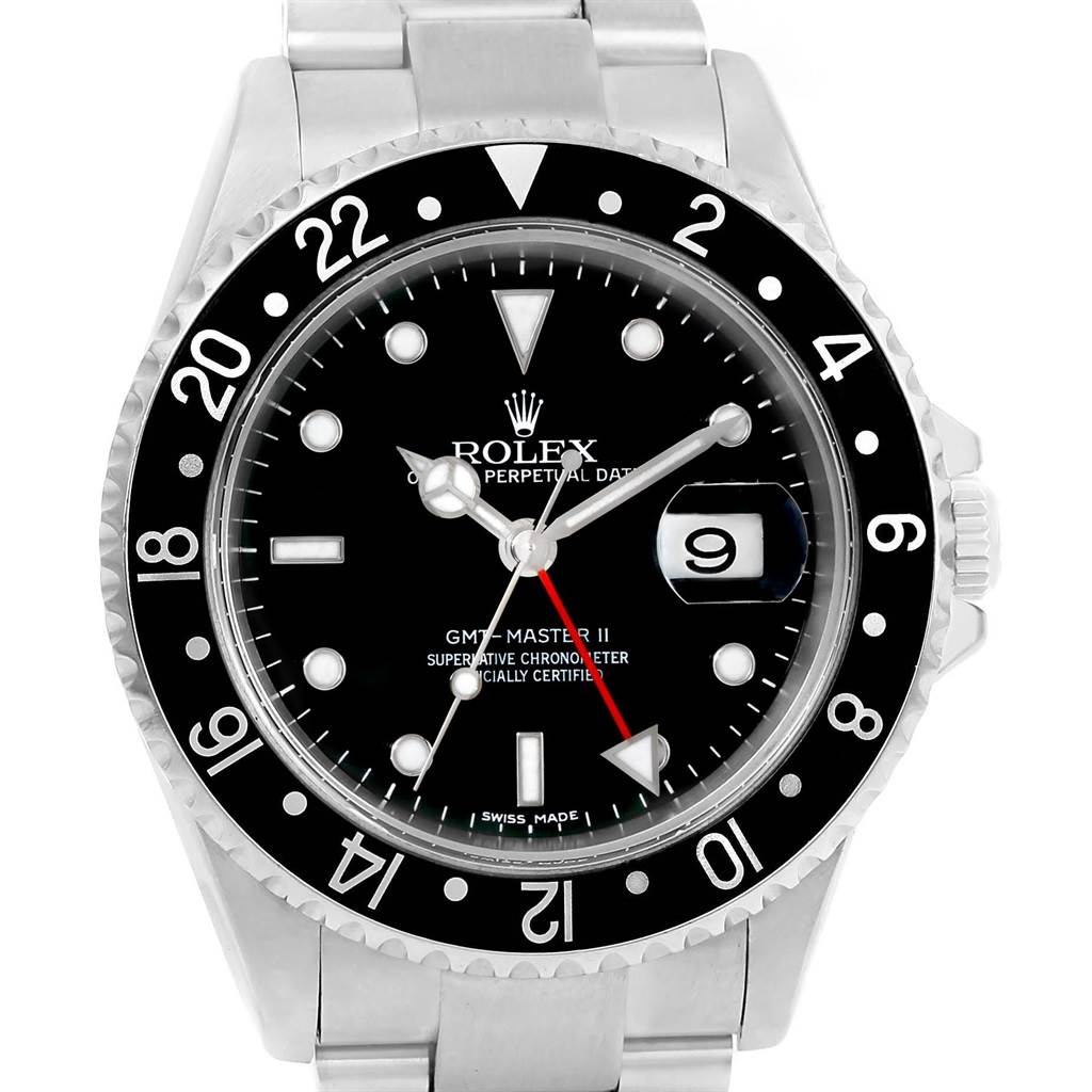 The image shows a frontal view of a Rolex GMT-Master 16710 Men's Stainless Steel Black Dial 16710 Men's Stainless Steel Black Dial II watch, highlighting its dial, bezel, and part of the bracelet.