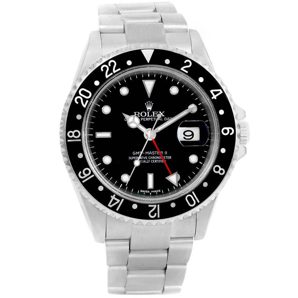 The image shows a front view of a Rolex GMT-Master 16710 Men's Stainless Steel Black Dial 16710 Men's Stainless Steel Black Dial II watch, highlighting the dial, bezel, hands, and bracelet.
