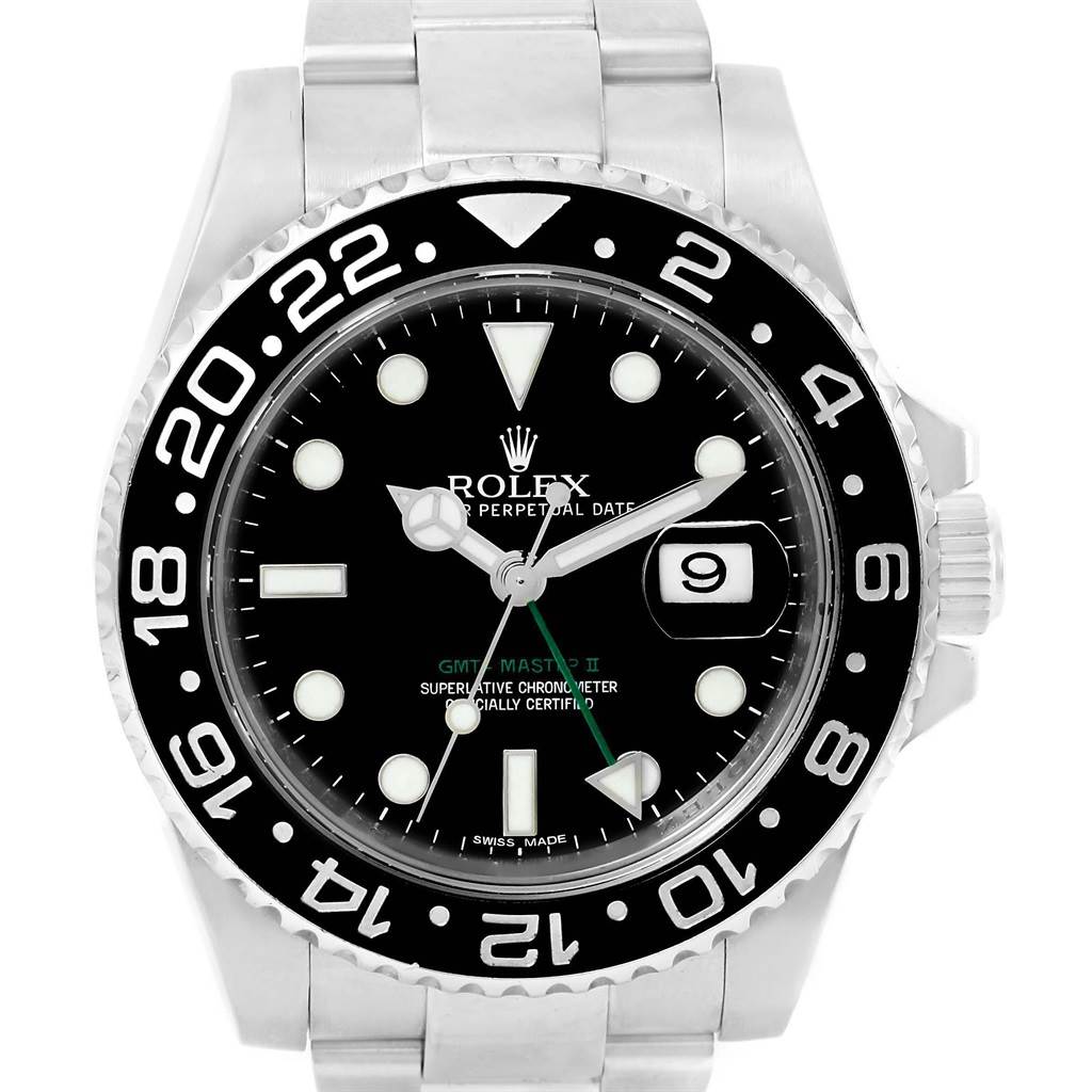 This image shows a front view of a Rolex GMT-Master 116710 Men's Stainless Steel Black Dial 116710 Men's Stainless Steel Black Dial II watch displaying the dial, bezel, and part of the bracelet.