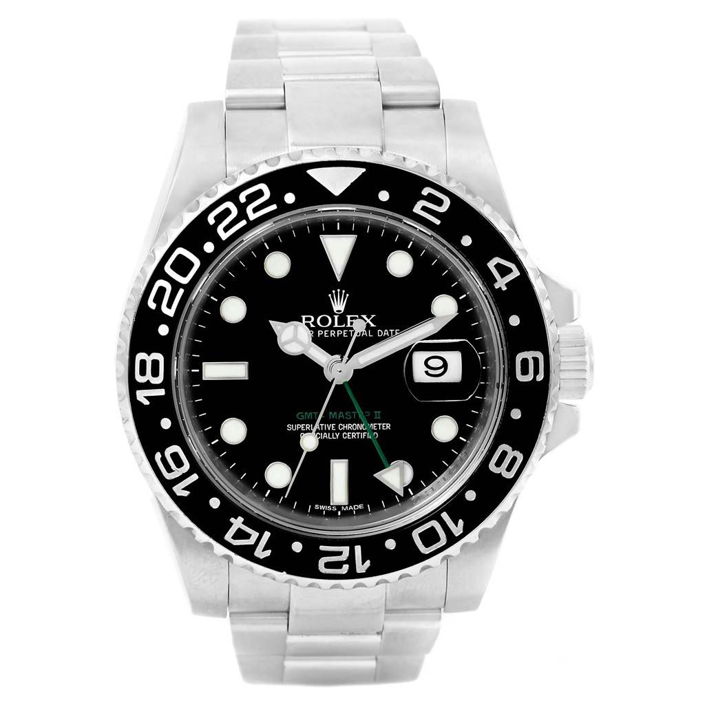 This image shows a front-facing view of a Rolex GMT-Master 116710 Men's Stainless Steel Black Dial 116710 Men's Stainless Steel Black Dial watch, highlighting its bezel, dial, and bracelet.