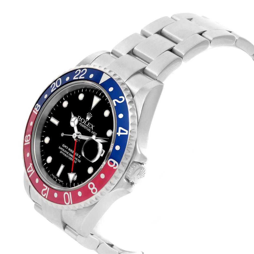 The image shows a side view of a Rolex GMT-Master 16710 Men's Stainless Steel Black Dial 16710 Men's Stainless Steel Black Dial watch, highlighting its bezel, dial, crown, and bracelet.