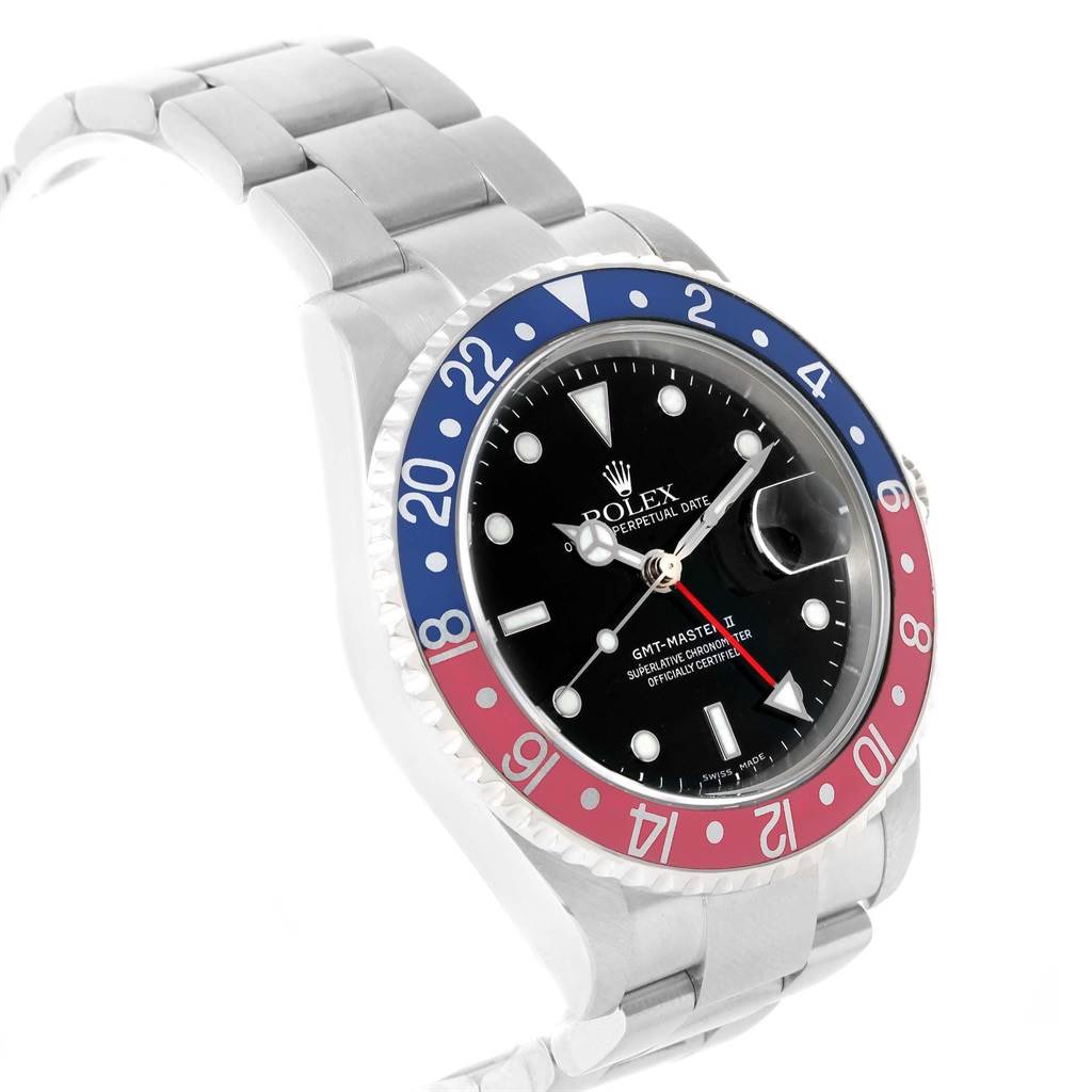 This image shows a three-quarters view of a Rolex GMT-Master 16710 Men's Stainless Steel Black Dial 16710 Men's Stainless Steel Black Dial watch highlighting its bezel, dial, bracelet, and hands.