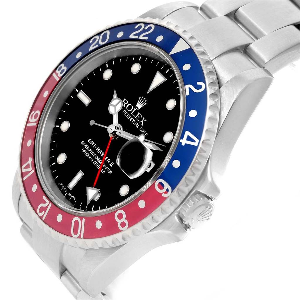 This image shows a Rolex GMT-Master 16710 Men's Stainless Steel Black Dial 16710 Men's Stainless Steel Black Dial II watch at an oblique angle, highlighting the dial, bezel, case, and part of the bracelet.