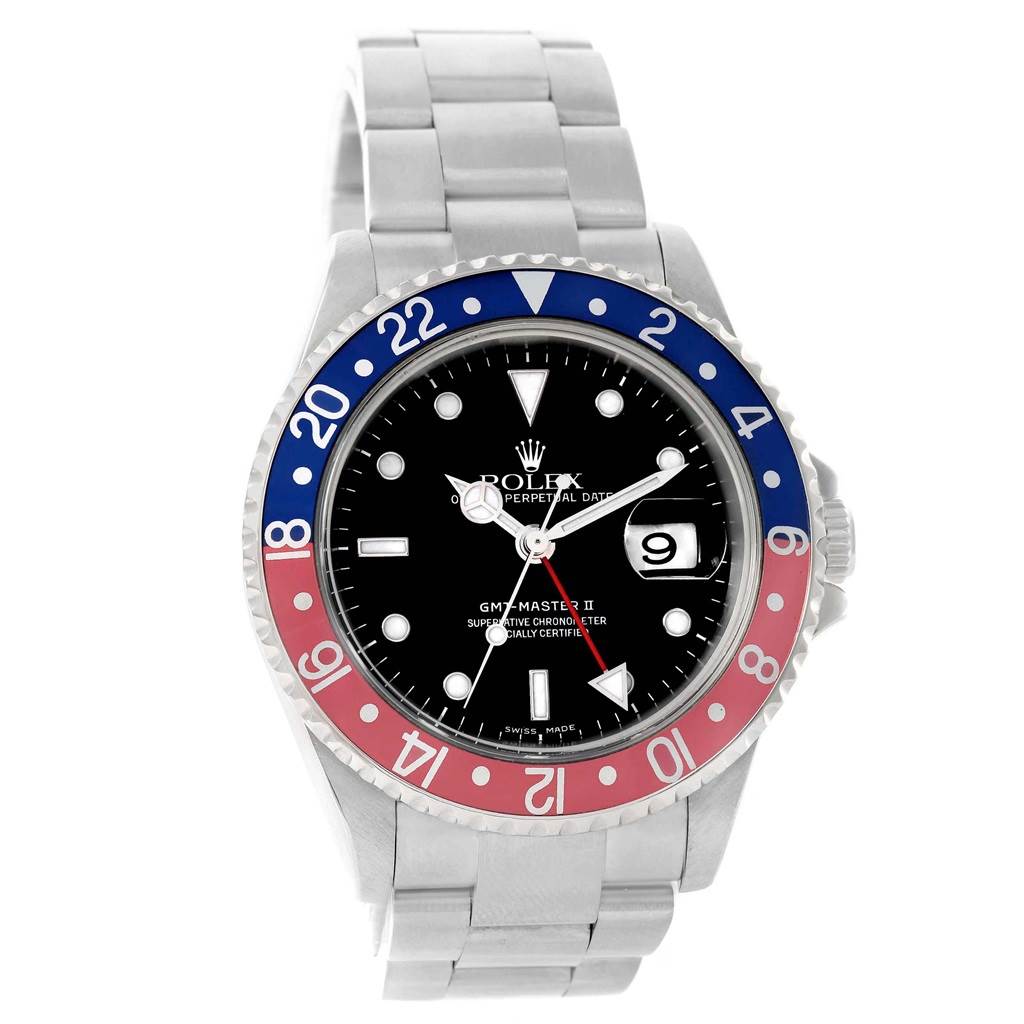 The Rolex GMT-Master 16710 Men's Stainless Steel Black Dial 16710 Men's Stainless Steel Black Dial watch is shown from the front, highlighting the bezel, dial, and bracelet.