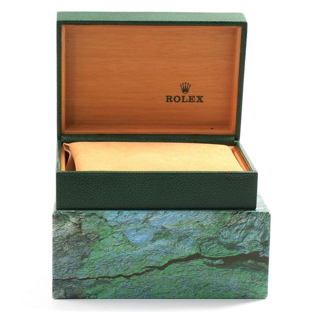 The image shows an open Rolex GMT-Master 16710 Men's Stainless Steel Black Dial 16710 Men's Stainless Steel Black Dial watch box from a front angle, displaying the inner lining and cushion.