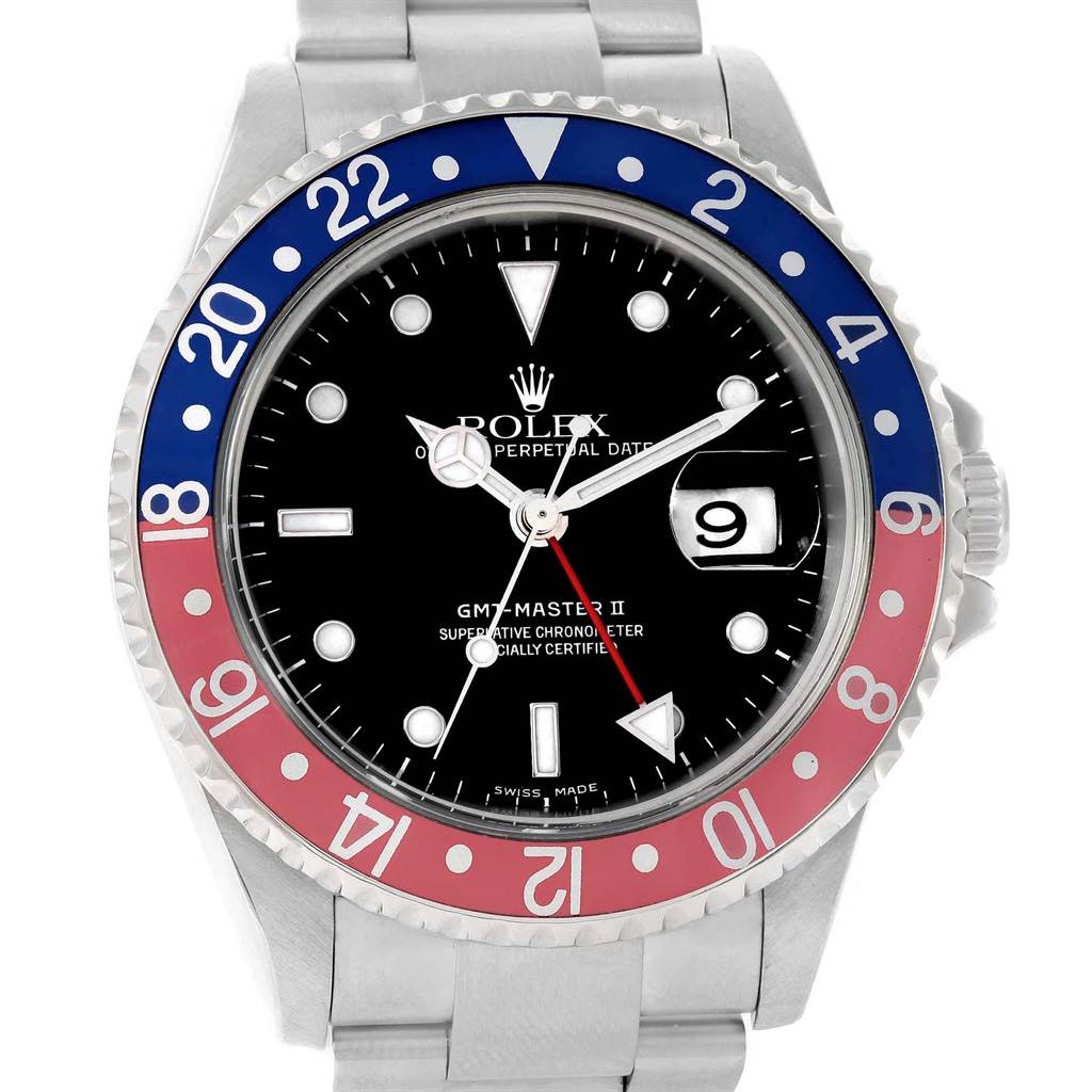 The image shows a front view of a Rolex GMT-Master 16710 Men's Stainless Steel Black Dial 16710 Men's Stainless Steel Black Dial II watch displaying its bezel, dial, hands, and bracelet.