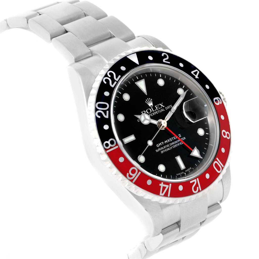 The image shows the front and side angle of the Rolex GMT-Master 16710 Men
s Stainless Steel Black Dial 16710 Men
s Stainless Steel Black Dial, highlighting its bezel, dial, and bracelet.