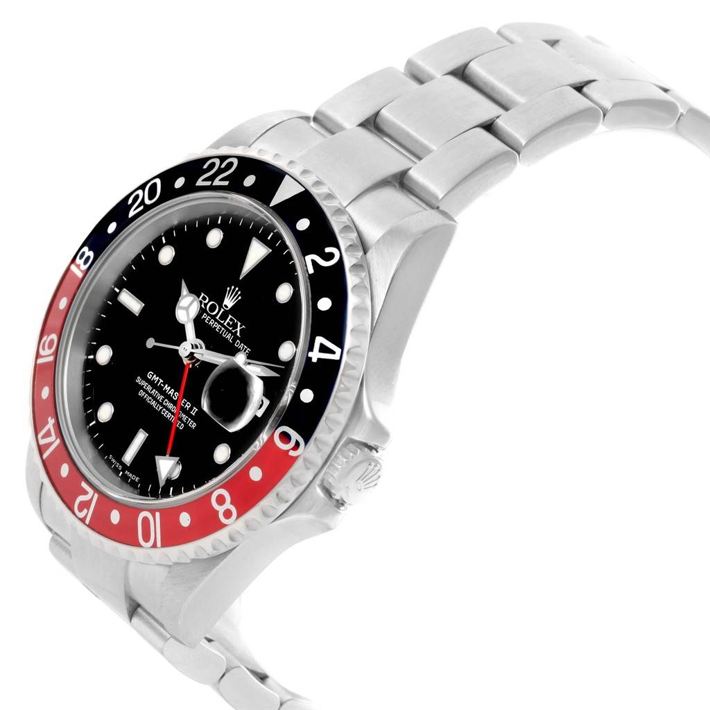 The Rolex GMT-Master 16710 Men
s Stainless Steel Black Dial 16710 Men
s Stainless Steel Black Dial watch is shown at a side angle, highlighting the bezel, dial, and part of the bracelet.