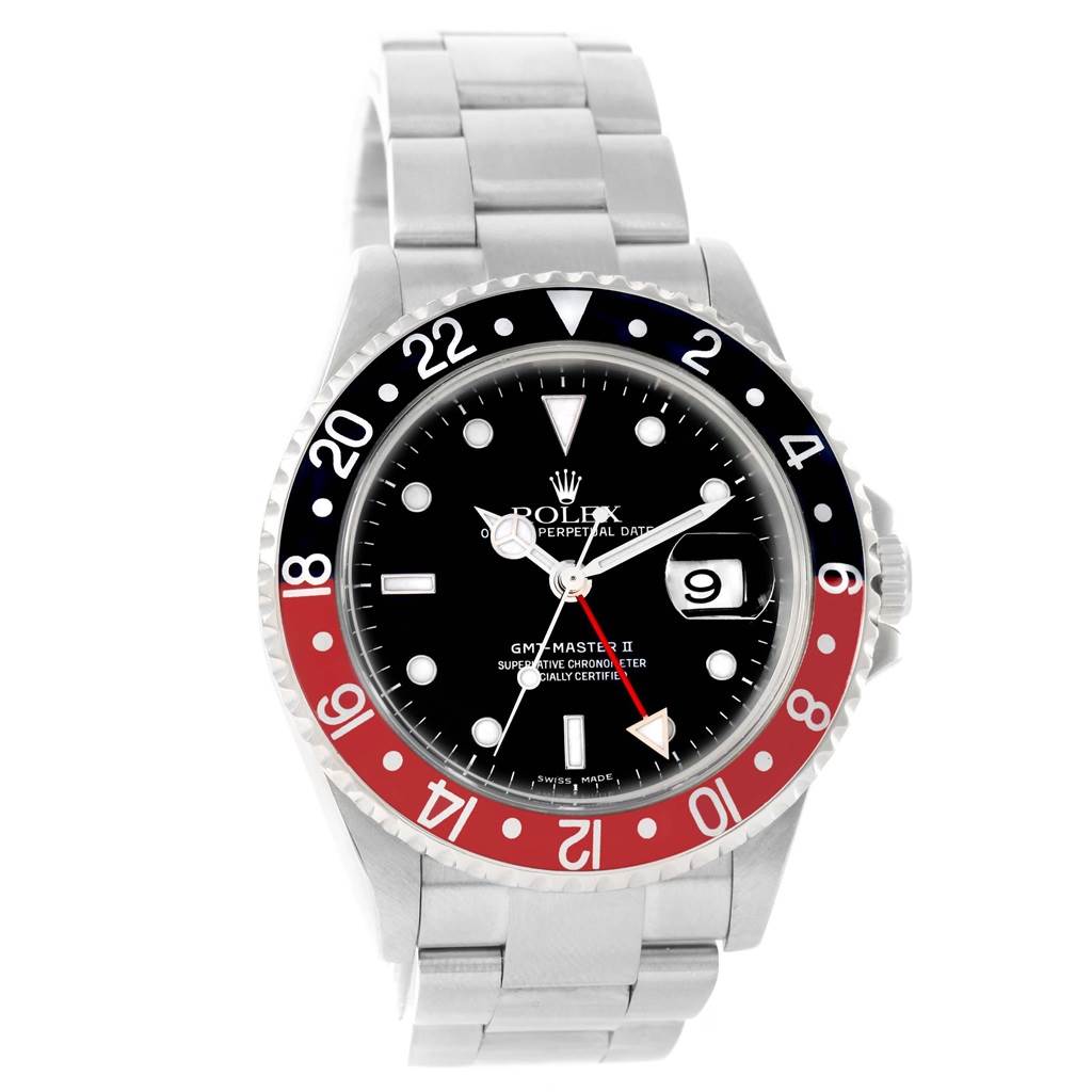 This image shows a Rolex GMT-Master 16710 Men
s Stainless Steel Black Dial 16710 Men
s Stainless Steel Black Dial watch from a front angle, highlighting the dial, bezel, and bracelet.
