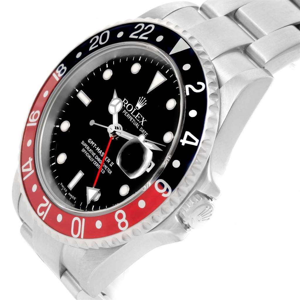 The image shows a Rolex GMT-Master 16710 Men
s Stainless Steel Black Dial 16710 Men
s Stainless Steel Black Dial watch at an angle highlighting the face, bezel, and part of the bracelet.