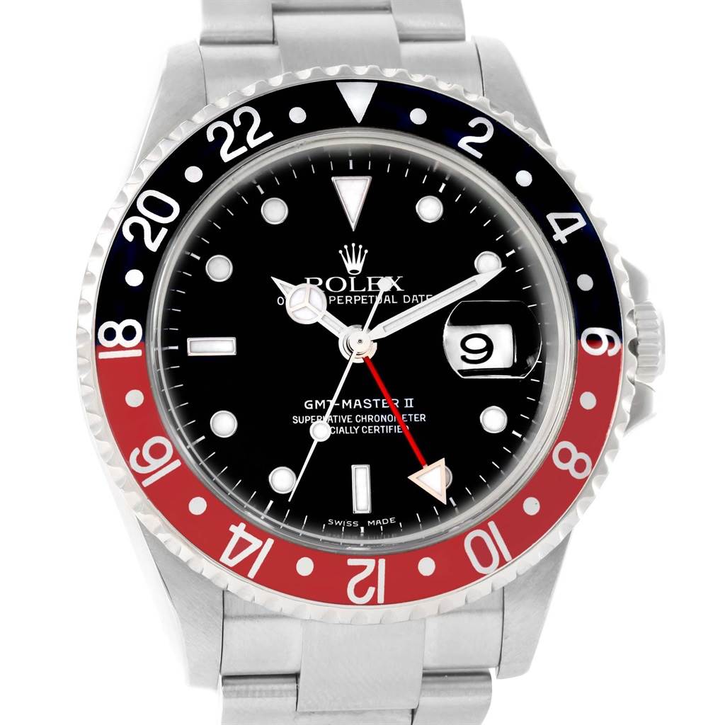 This Rolex GMT-Master 16710 Men
s Stainless Steel Black Dial 16710 Men
s Stainless Steel Black Dial model is shown from a front angle, highlighting its dial, bezel, and part of the metal bracelet.