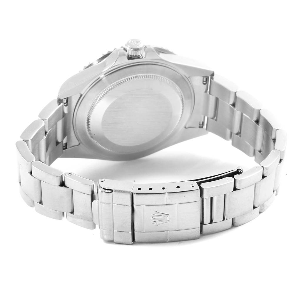 This image shows the back and clasp areas of the Rolex GMT-Master 16710 Men
s Stainless Steel Black Dial 16710 Men
s Stainless Steel Black Dial watch at a low rear angle.