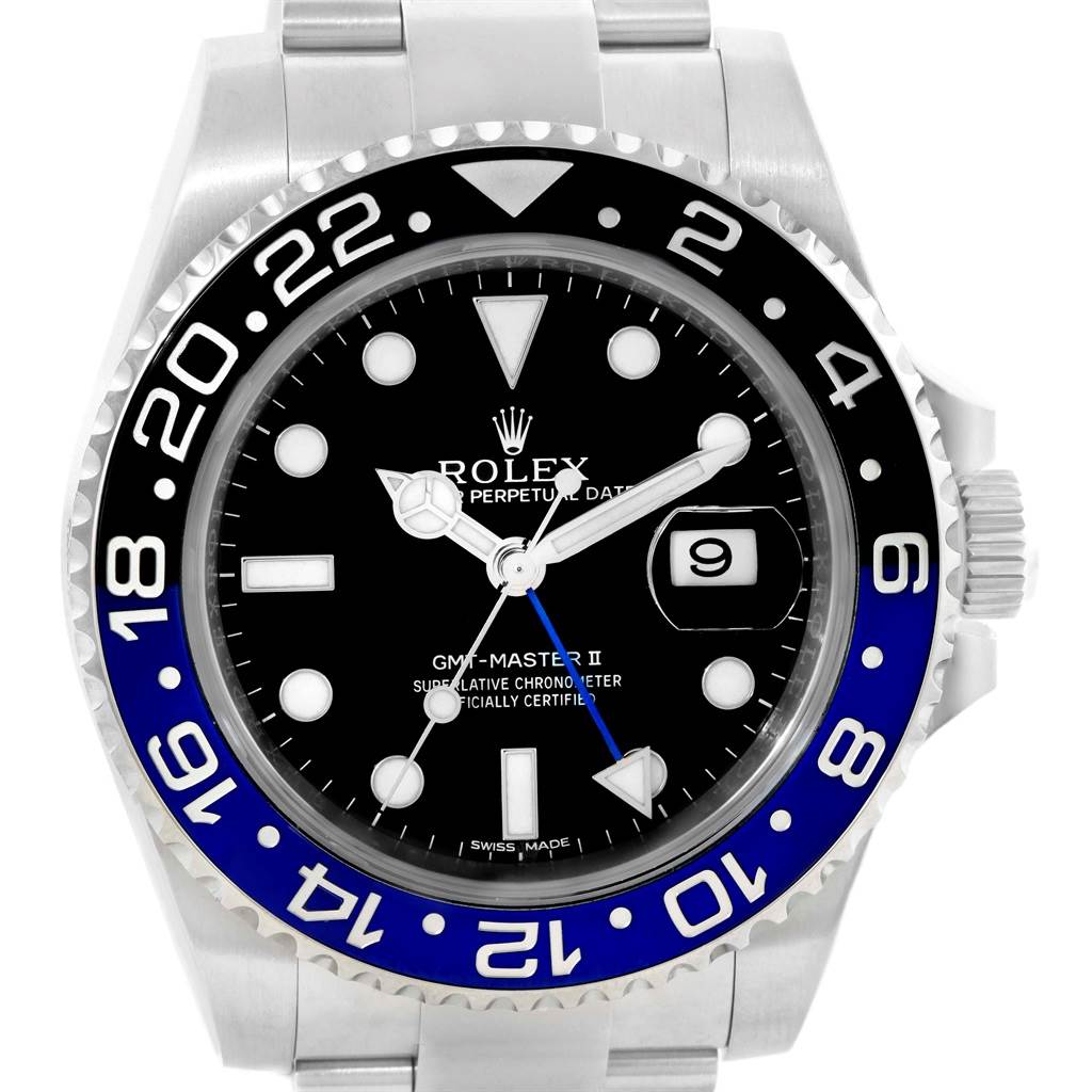 The image shows a front view of a Rolex GMT-Master 116710 Men
s Stainless Steel Black Dial 116710 Men
s Stainless Steel Black Dial watch, featuring its bezel, dial, hands, and date window.